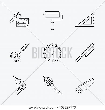 Scissors, paint roller and repair tools icons.