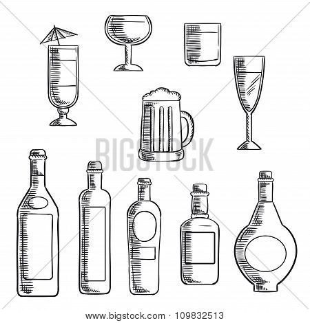 Bottles and glasses of alcohol beverages sketch