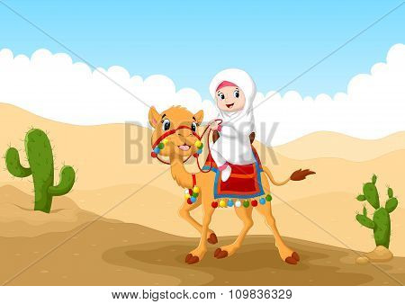 Illustration of Arab girl riding a camel in the desert