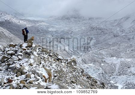 Mountaineer Standing On Hillside Waste Near Khumbu Icefall ,route to Everest's summit,Nepal,Asia