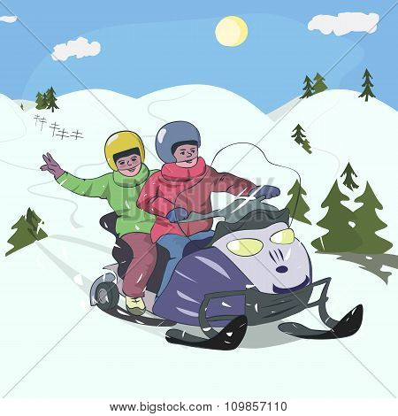 boys driving snowmobile at low mountains landscape
