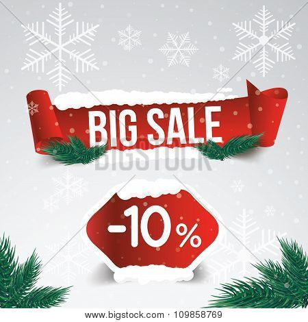 Winter Sale 10 Percent. Winter Sale Background With Red Ribbon Banner And Snow. Sale. Winter Sale. C
