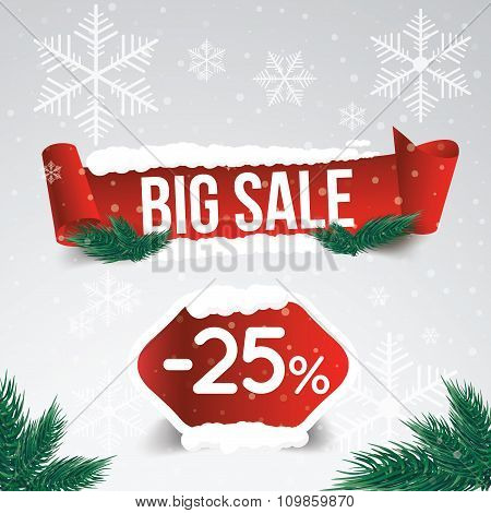Winter Sale 25 Percent. Winter Sale Background With Red Ribbon Banner And Snow. Sale. Winter Sale. C