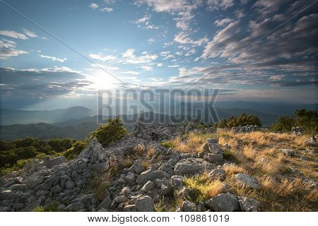 Panorama of Dinaric Mountains Alps sun sunset dawn Nature background Nature landscape Nature background sky colors vibrant Nature background Travel Tourism hiking Adventure Mount Nature background sunrise Nature background Summit Peaks mountain.