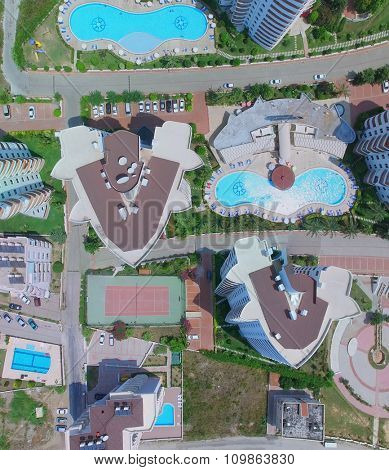ALANIA - AUG 12, 2015: Edifices of My Marine Residence hotel with pools at summer sunny day. Aerial view videoframe