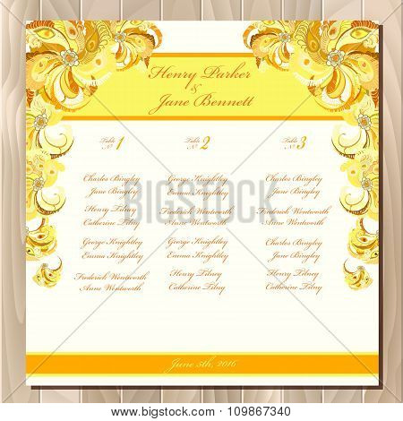 Table guest list. Vector background peacock feathers. Wedding design template.