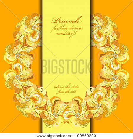 Peacock feathers wedding background. Circle vector frame illustration.
