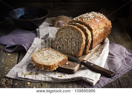 Fresh  Multigrain Bread On Rustic Background