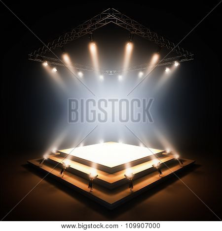 3d render illustration blank template layout of empty stage illuminated by spotlights. Empty copy space to place your text, object, or logo.