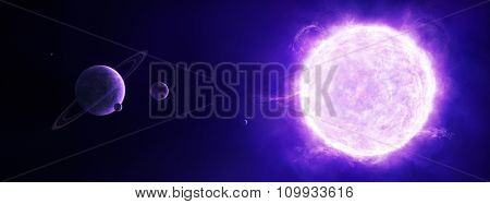 Panorama illustration of a solar system with a purple sun, a ring planet and moons