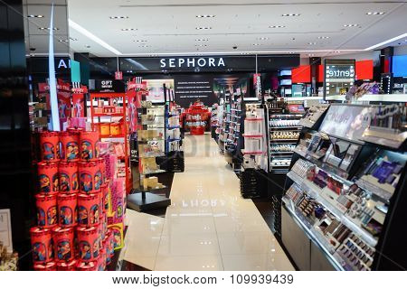 SINGAPORE - NOVEMBER 08, 2015: interior of Sephora store in The Shoppes at Marina Bay Sands. Sephora is a French brand and chain of cosmetics stores founded in Paris in 1970