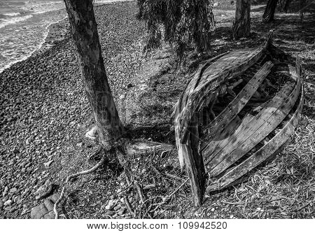 An Old Destroyed Boat On The Beach