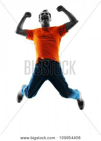 one causcasian man jumping happy  in silhouette isolated on white background
