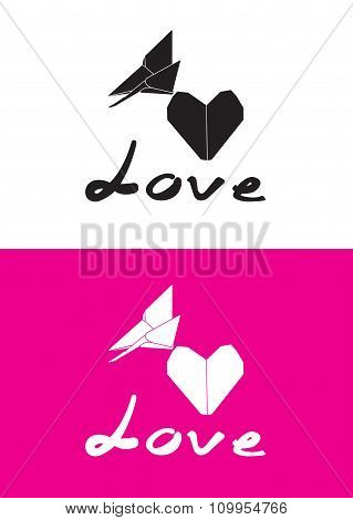 Vector origami butterfly and heart shape paper- Stock Illustration