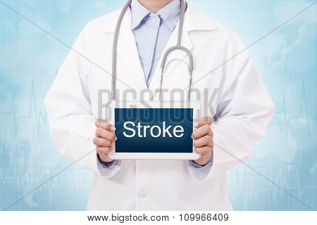 Doctor holding a tablet pc with stroke text on blue background