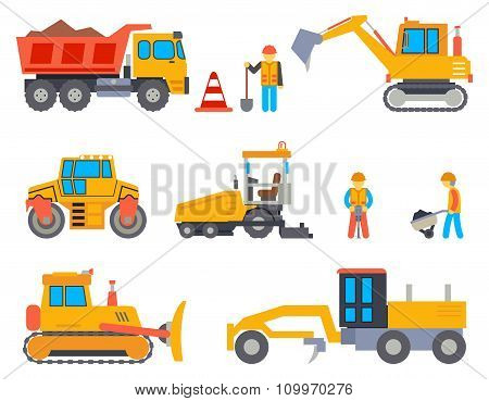 Road under construction flat vector icons set