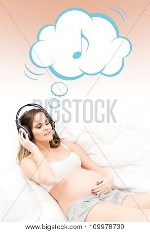 Beautiful pregnant woman listening to the music with thinking cloud concept.