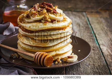Pancakes With Banana, Nuts And Honey