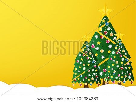 Christmas Tree With Colorful Ornaments And Glod Star On White Snow In Night Light Yellow Background.