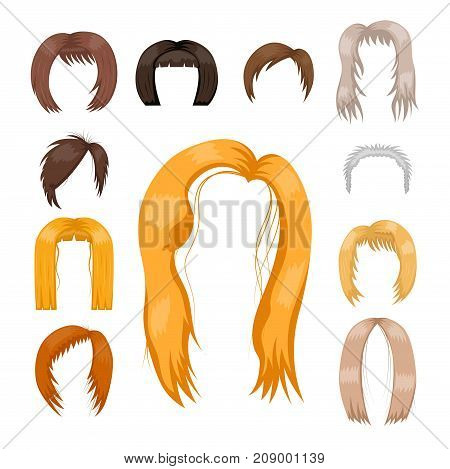 Set of woman hair styling vector illustration. Young brown silhouette health color haircut. Beautiful glamour design long model barber attractive stylish portrait.