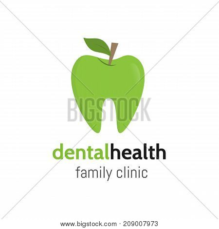 Dental health. Tooth logo as a green apple with leaf. Dental family clinic Logotype. Vector teeth.