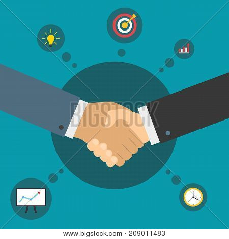 Handshake of business partners. Successful deal. Business partnership. Flat illustration with icons.