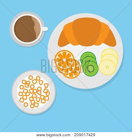 breakfast concept with croissant,cereal,fruit and coffee.vector illustration