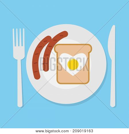 vector illustration of breakfast with sausage,egg,bread on plate.