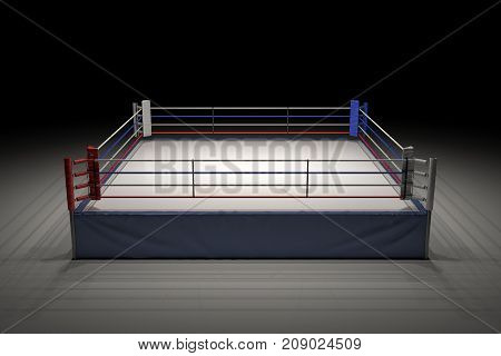 3d rendering of an empty boxing ring in the dark with its center spotlighted. Show night. Boxing match. Late night fighting competition.
