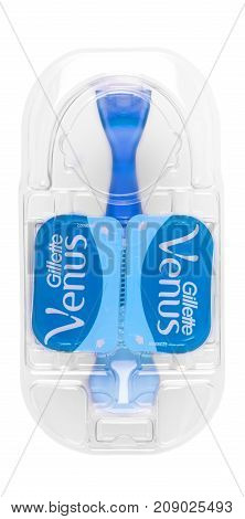 Chisinau Moldova OCTOBER 15 2017: A pack of Gillette Venus shaving blades isolated on white background.