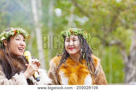 KAMCHATKA RUSSIA - SEPTEMBER 09 2017: Aborigine of Kamchatka dancing on dance marathon. Feast of the Aborigines of Kamchatka 
