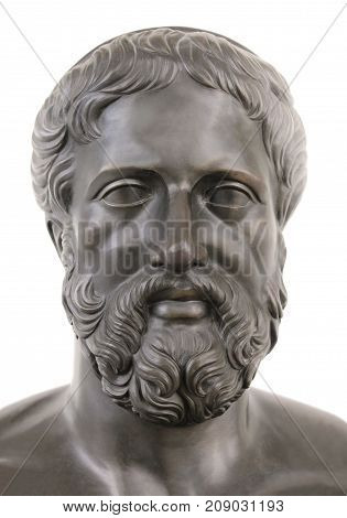 Bronze statue of ancient Greek tragedian Sophocles against white background.