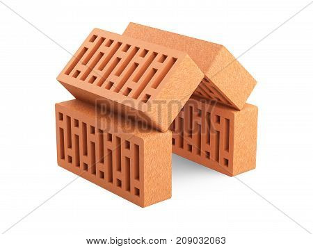 The bricks are arranged in the shape of the house. Building koncept. 3d illustration on white background.