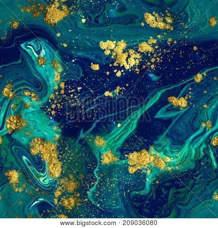 Marbled seamless background. Liquid blue marble pattern. Golden glitter texture