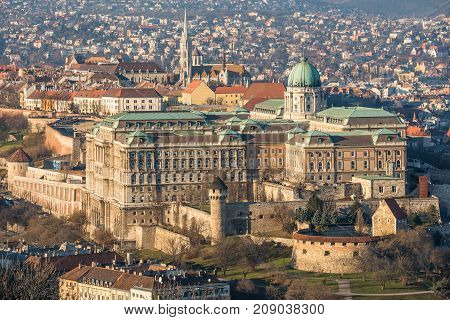 Buda Castle or Royal Palace in Budapest Hungary Lit by Setting Sun