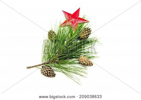 Fir tree branches with cones and decorative red toy star isolated on white background. Christmas pine tree branches decoration isolated.