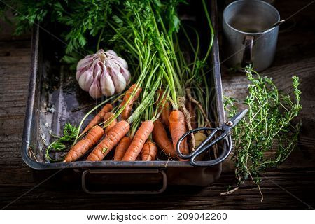 Ingredients For Roasted Homemade Vegetbales Made Of Carrots And Garlic