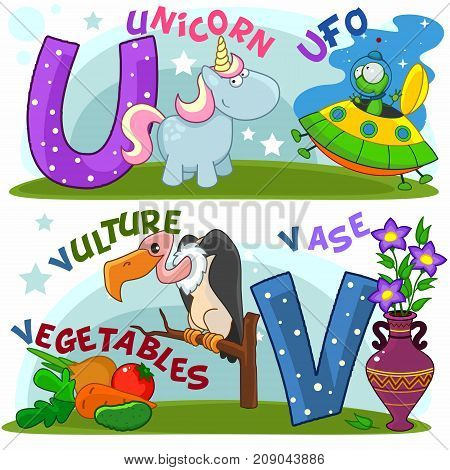 Colored cartoon English alphabet with U and V letters for children, with pictures of these letters with a unicorn, UFO, vulture, vegetables and a vase.