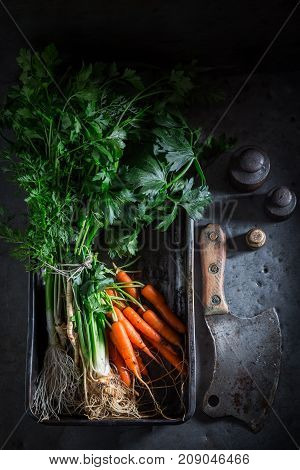 Preparation For Grilled Homemade Vegetbales Made Of Carrots And Garlic