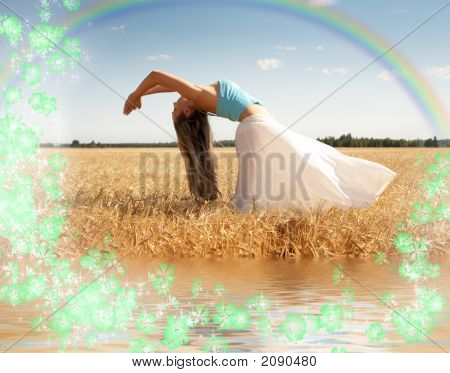 Venyttely nainen Rainbow, vettä ja kukkia
