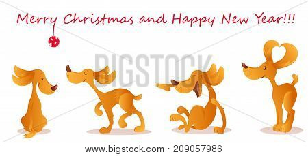 Vector set in cartoon style of a four cute yellow dogs isolated on the white background. Lettering Merry Christmas and Happy New Year.
