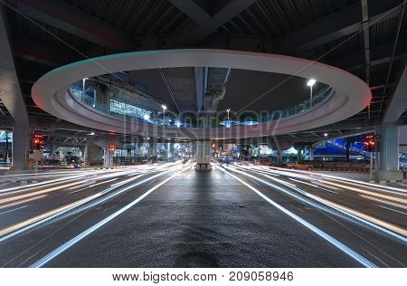 Bangkok tunnel intersection with traffic jam at Siam technology transportation concept Bangkok City Thailand