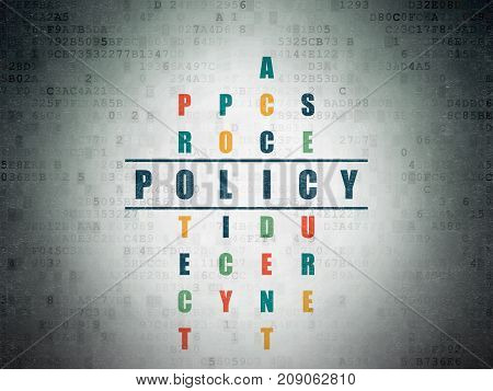 Insurance concept: Painted blue word Policy in solving Crossword Puzzle on Digital Data Paper background