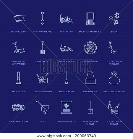 Snow removal flat line icons. Ice relocation service signs. Cold weather equipment - snow thrower, blower, truck, front loader, snow shovel. Vector illustration, industrial cleaning symbols.