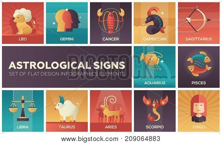 Astrological signs - set of flat design infographics elements. Horoscope square colorful icons. Leo, gemini, cancer, capricorn, sagittarius, aquarius, pisces, libra, taurus, aries, scorpio, virgo