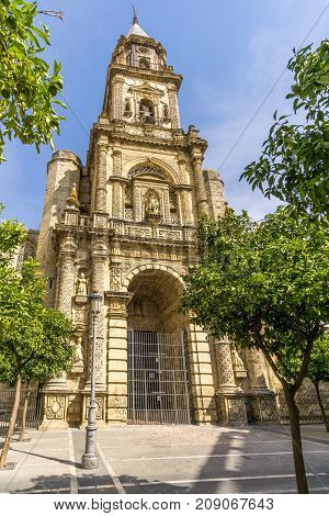 JEREZ DE LA FRONTERA,SPAIN - SEPTEMBER 30,2017 - View at the San Miguel church in Jerez de la Frontera. Jerez is known as the city of flamenco sherry horses and motorcycles.