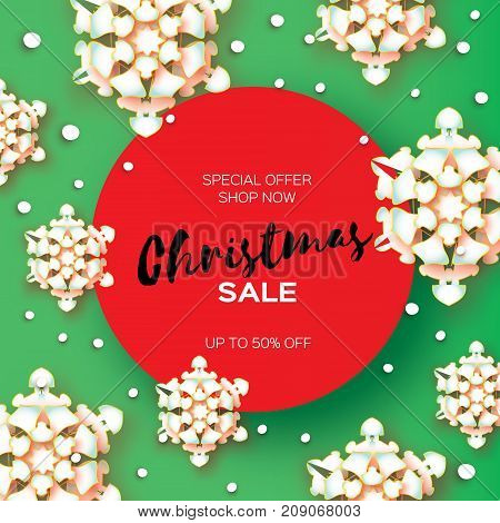 Origami Christmas Greetings card. Paper cut snow flake. Happy New Year. Winter snowflakes background. Happy New Year. Circle frame. Space for text. Green background. Vector illustration.