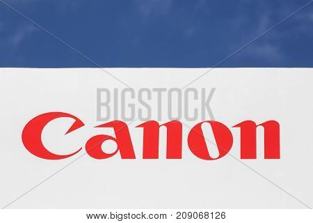 Kolding, Denmark - July 9, 2017: Canon logo on a facade. Canon is a Japanese multinational corporation specialized in the manufacture of imaging and optical products
