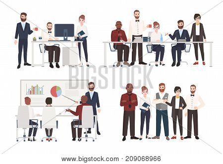 Set of office workers dressed in business clothing in different situations - working at computer, conducting negotiation, making presentation. Flat colored cartoon characters. Vector illustration