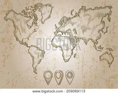 Vintage hand drawn world map and doodle pins. World map, earth travel sketch, ancient vintage cartography, vector illustration